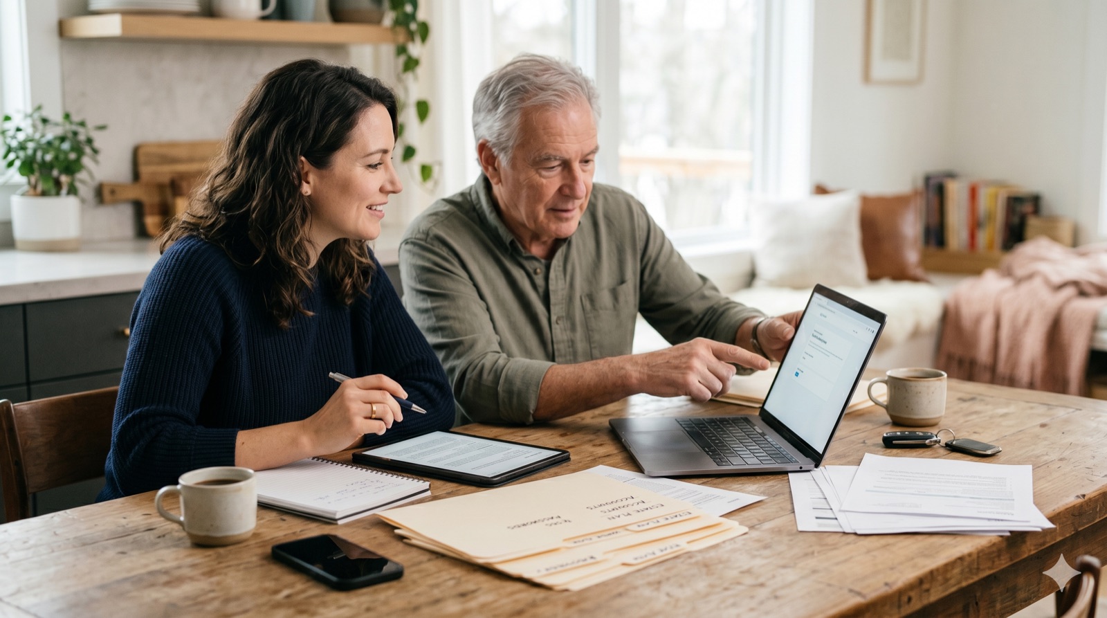An adult daughter and her aging father review digital account plans together at a sunlit kitchen table with labeled folders, a laptop, and a tablet.